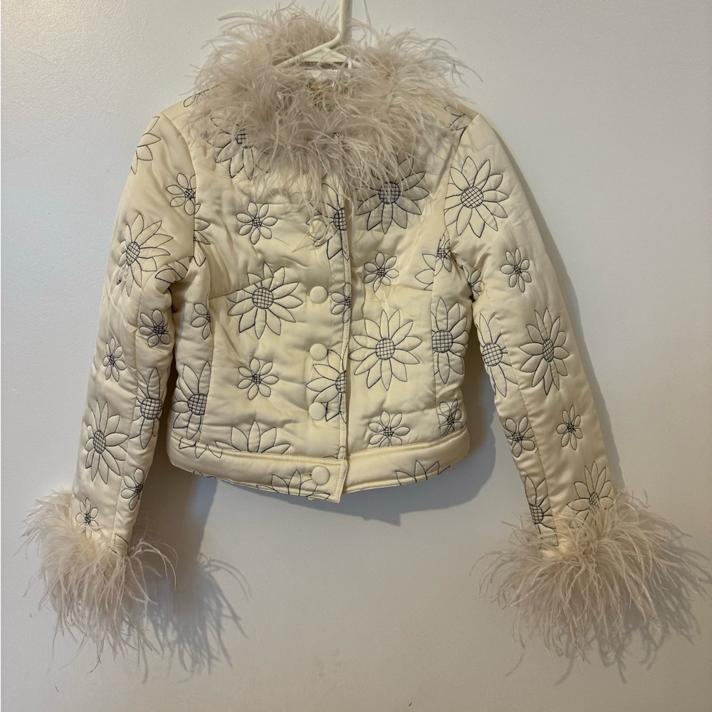 Floral Embroidered Cream Bomber Jacket